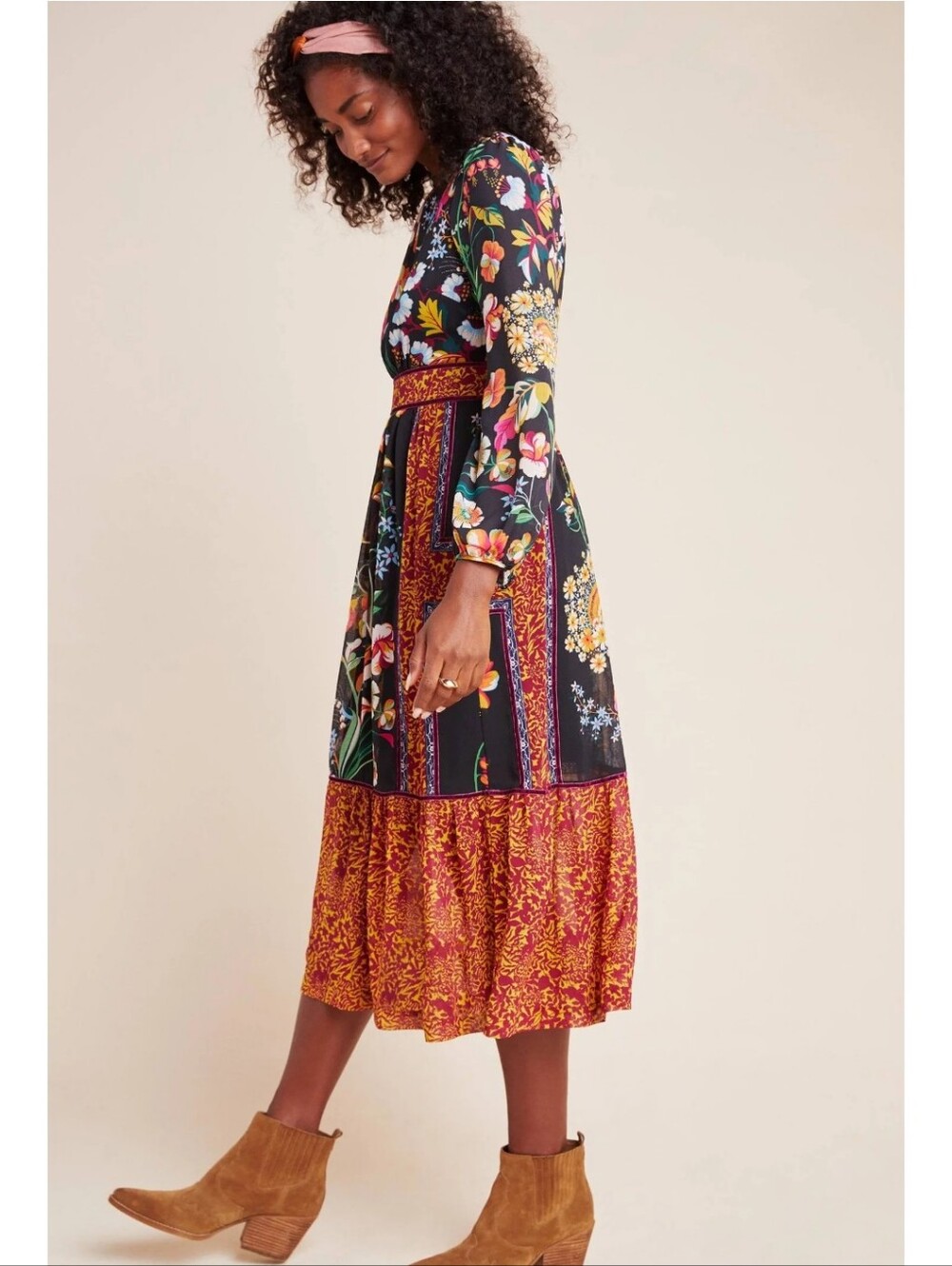Anthropologie Black Floral Patchwork Midi Dress with Rust Tier
